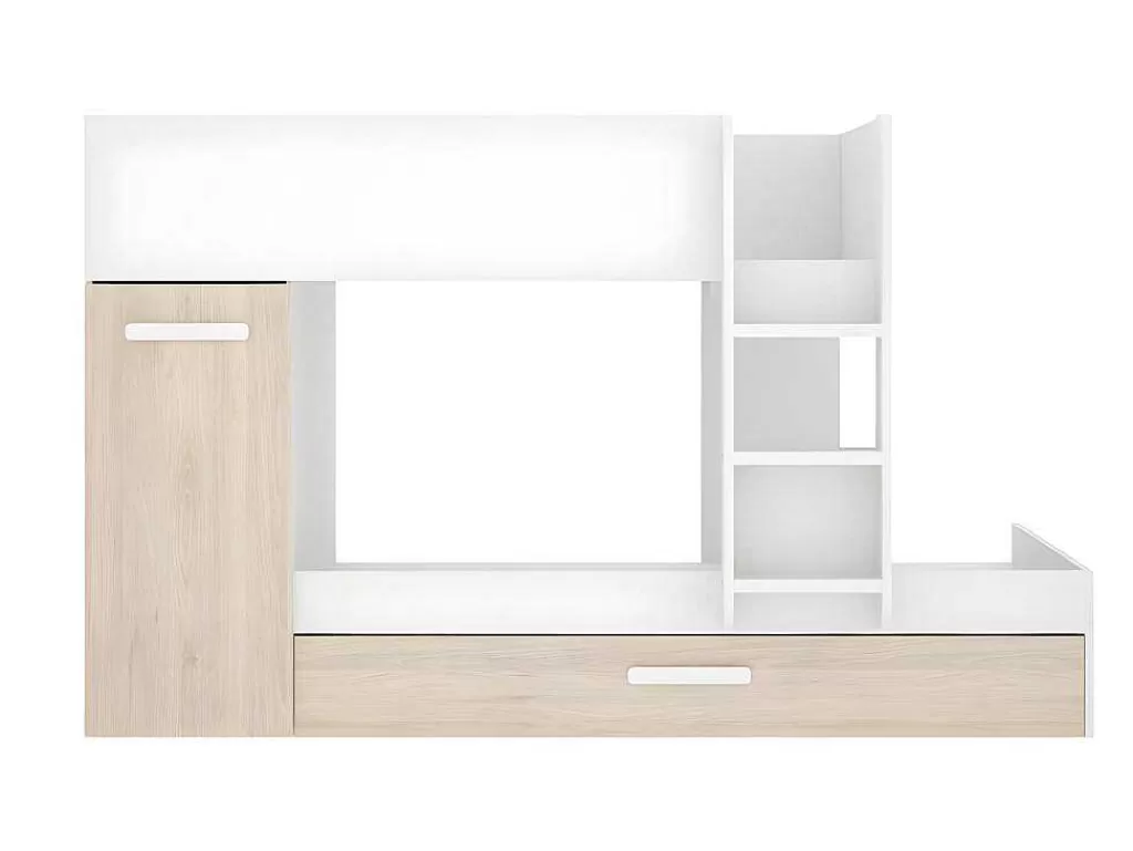 Cama De Criança*Vente-unique Beliche Com Gaveta Cama Dupla E Com Espacos De Arrumação 3X90X190 Cm Cor Branco E Natural + Colchões - Anthony
