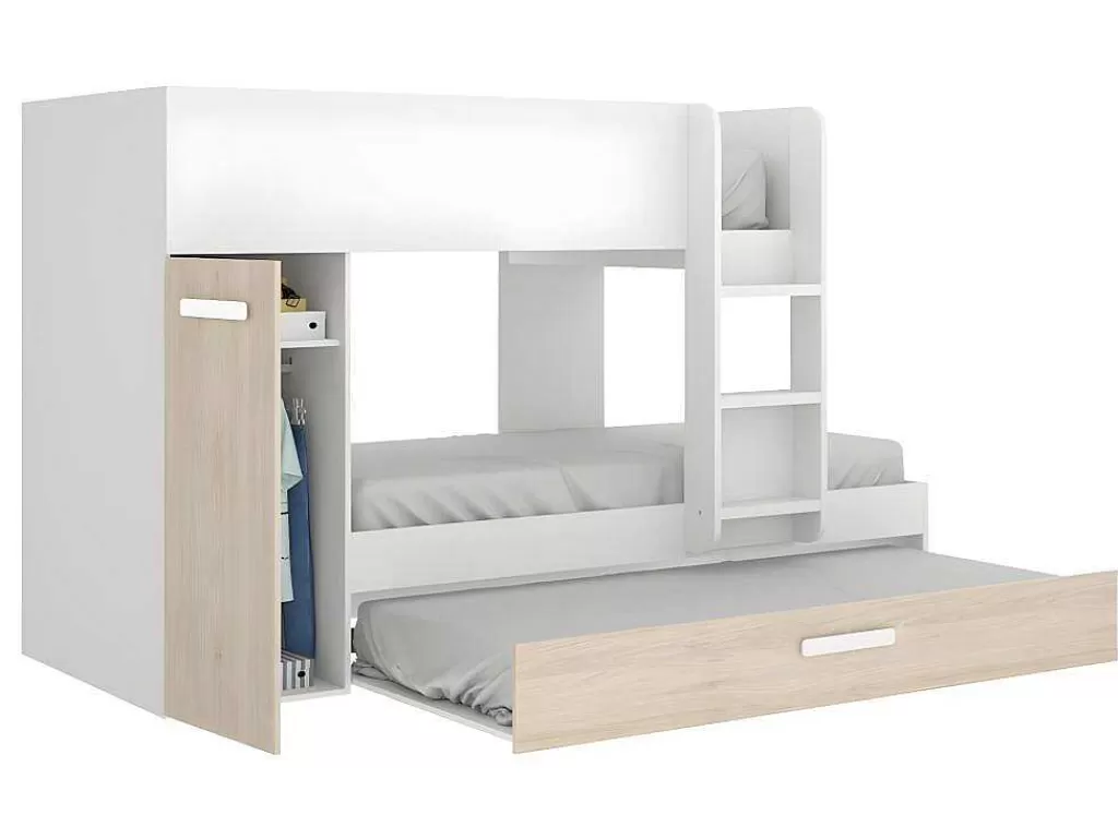Cama De Criança*Vente-unique Beliche Com Gaveta Cama Dupla E Com Espacos De Arrumação 3X90X190 Cm Cor Branco E Natural + Colchões - Anthony
