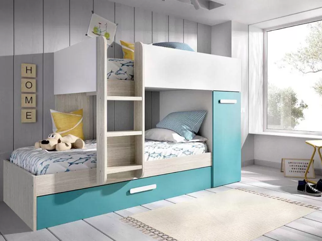Cama De Criança*Vente-unique Beliche Com Gaveta Cama Dupla E Com Espacos De Arrumação 3X90X190 Cm Cor Branco, Natural E Azul - Anthony