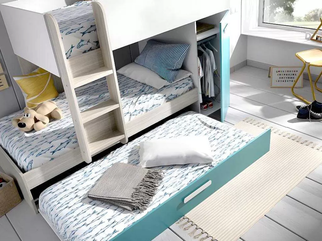 Cama De Criança*Vente-unique Beliche Com Gaveta Cama Dupla E Com Espacos De Arrumação 3X90X190 Cm Cor Branco, Natural E Azul - Anthony