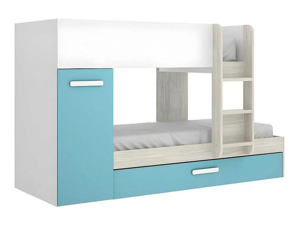 Cama De Criança*Vente-unique Beliche Com Gaveta Cama Dupla E Com Espacos De Arrumação 3X90X190 Cm Cor Branco, Natural E Azul - Anthony