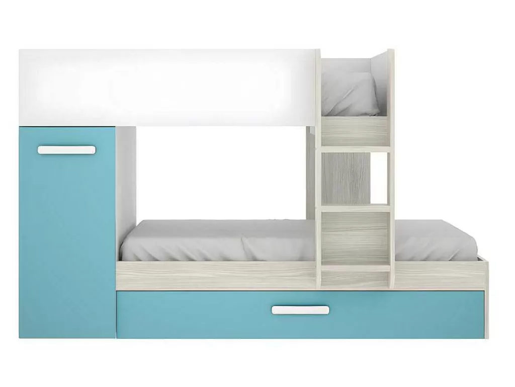 Cama De Criança*Vente-unique Beliche Com Gaveta Cama Dupla E Com Espacos De Arrumação 3X90X190 Cm Cor Branco, Natural E Azul - Anthony