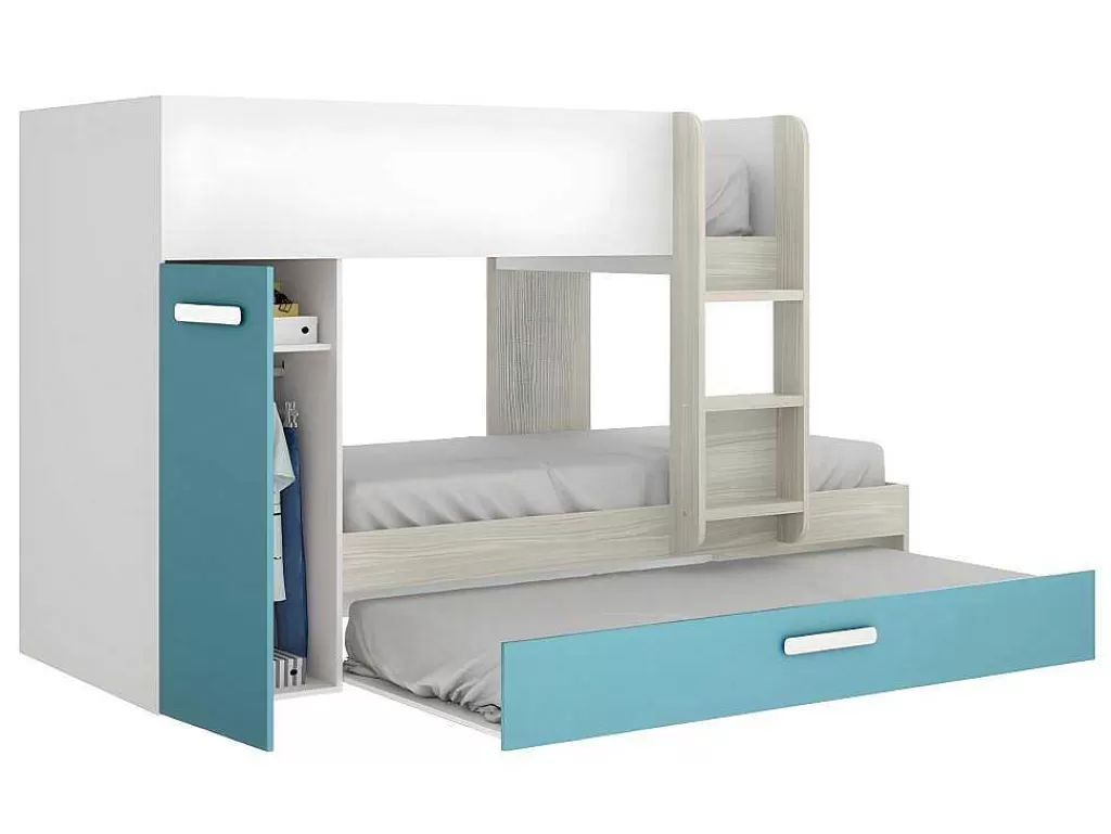 Cama De Criança*Vente-unique Beliche Com Gaveta Cama Dupla E Com Espacos De Arrumação 3X90X190 Cm Cor Branco, Natural E Azul - Anthony