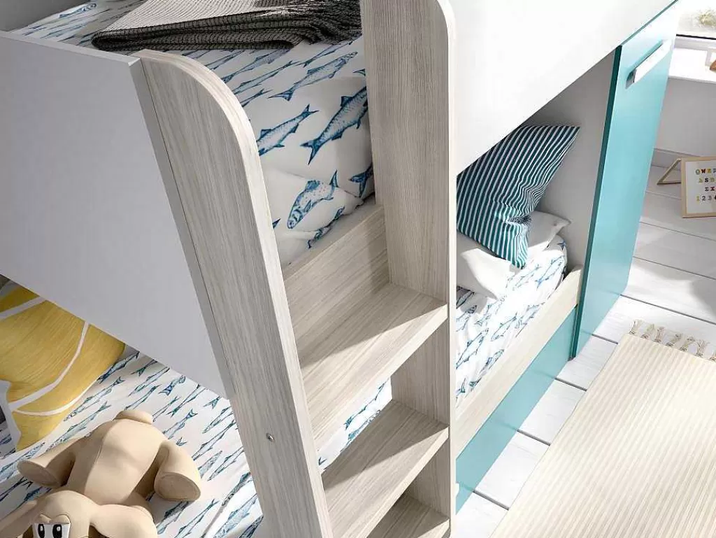 Cama De Criança*Vente-unique Beliche Com Gaveta Cama Dupla E Com Espacos De Arrumação 3X90X190 Cm Cor Branco, Natural E Azul - Anthony