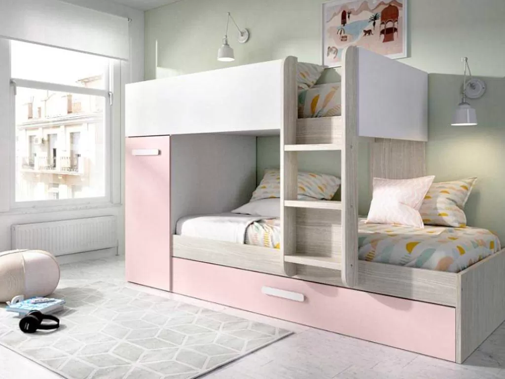 Cama De Criança*Vente-unique Beliche Com Gaveta Cama Dupla E Com Espacos De Arrumação 3X90X190 Cm Cor Branco, Natural E Rosa - Anthony
