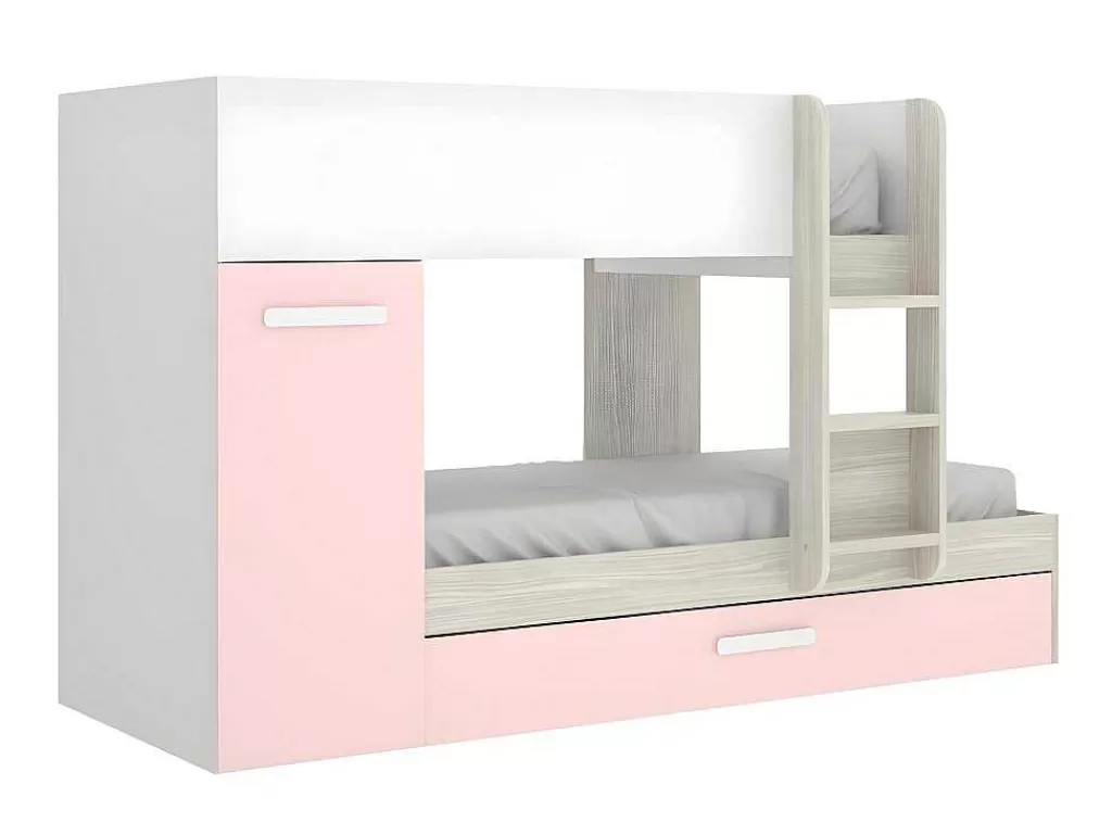 Cama De Criança*Vente-unique Beliche Com Gaveta Cama Dupla E Com Espacos De Arrumação 3X90X190 Cm Cor Branco, Natural E Rosa - Anthony