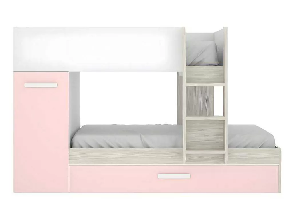 Cama De Criança*Vente-unique Beliche Com Gaveta Cama Dupla E Com Espacos De Arrumação 3X90X190 Cm Cor Branco, Natural E Rosa - Anthony