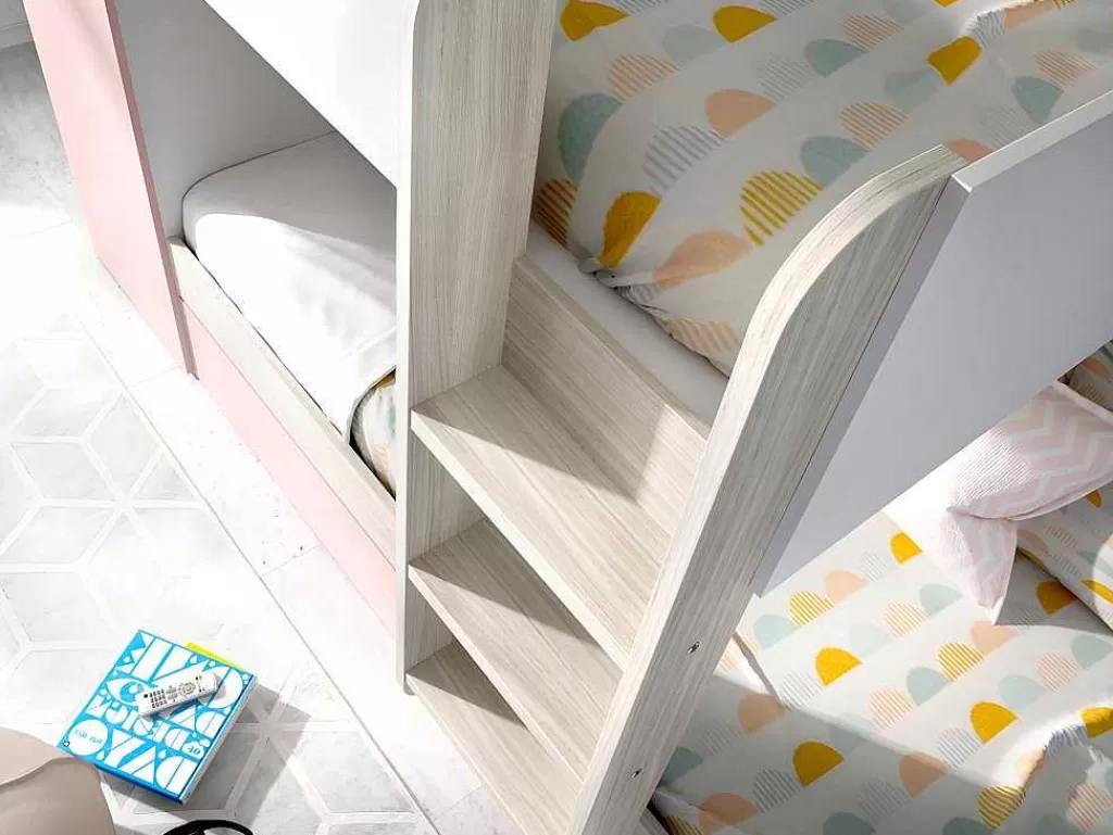 Cama De Criança*Vente-unique Beliche Com Gaveta Cama Dupla E Com Espacos De Arrumação 3X90X190 Cm Cor Branco, Natural E Rosa - Anthony