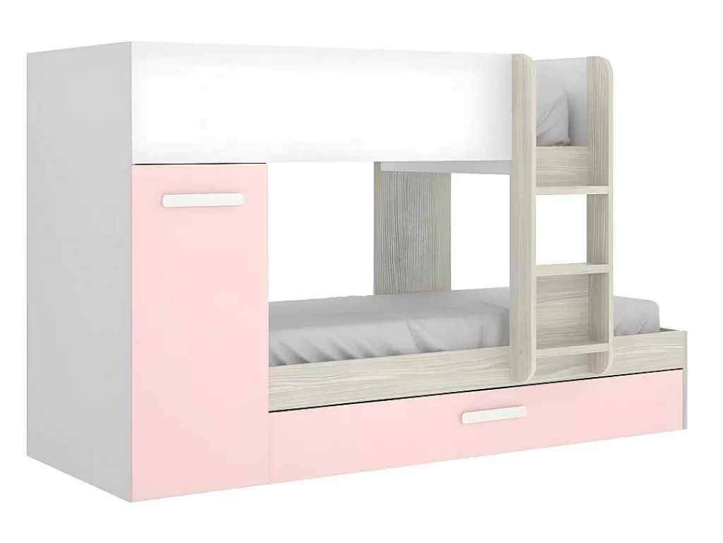 Beliche*Vente-unique Beliche Com Gaveta Cama Dupla E Com Espacos De Arrumação 3X90X190 Cm Cor Branco, Natural E Rosa + Colchões - Anthony