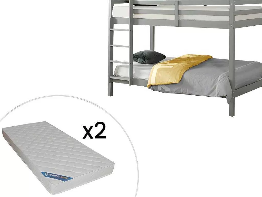 Beliche*Vente-unique Beliche De 2 X 90 X 190 Cm Em Pinho Macico Cor Cinza + Colchão - Anicet Ii