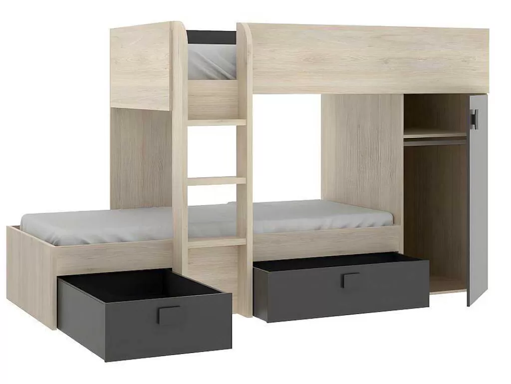 Beliche*Vente-unique Beliche Reversivel De 2 X 90 X 190 Cm Com Espacos De Arrumação Integrados Cor Carvalho E Antracite - Ricardo