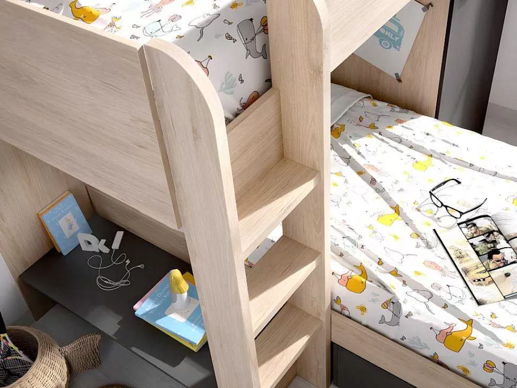 Beliche*Vente-unique Beliche Reversivel De 2 X 90 X 190 Cm Com Espacos De Arrumação Integrados Cor Carvalho E Antracite - Ricardo
