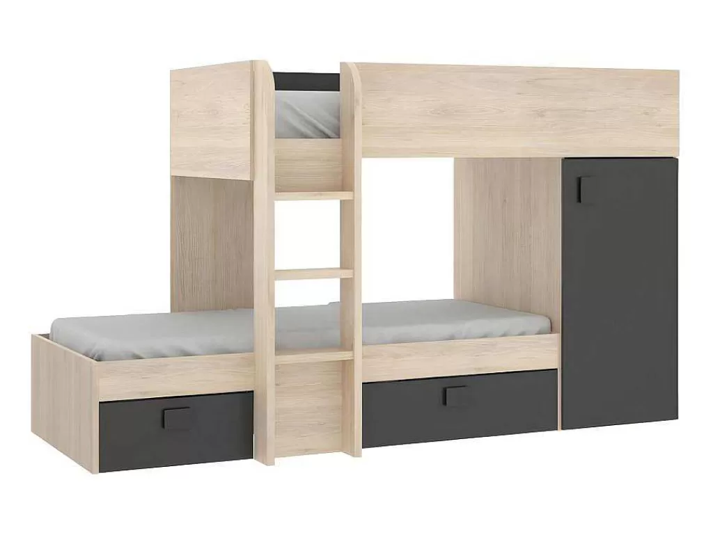 Beliche*Vente-unique Beliche Reversivel De 2 X 90 X 190 Cm Com Espacos De Arrumação Integrados Cor Carvalho E Antracite - Ricardo