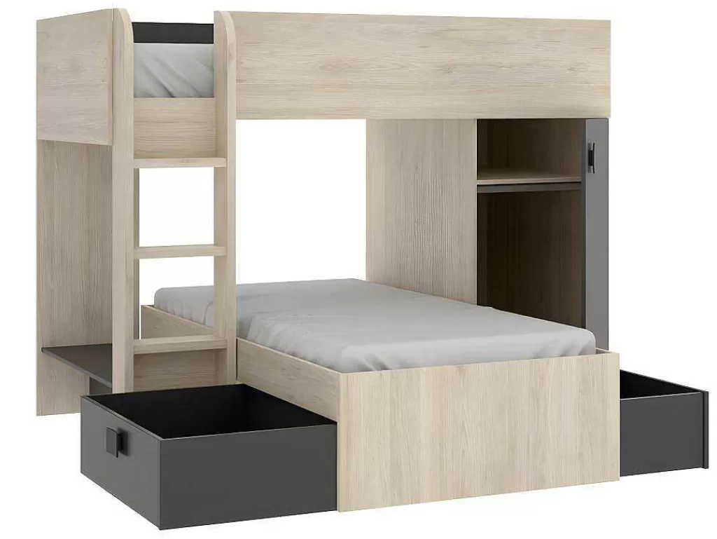 Beliche*Vente-unique Beliche Reversivel De 2 X 90 X 190 Cm Com Espacos De Arrumação Integrados Cor Carvalho E Antracite - Ricardo