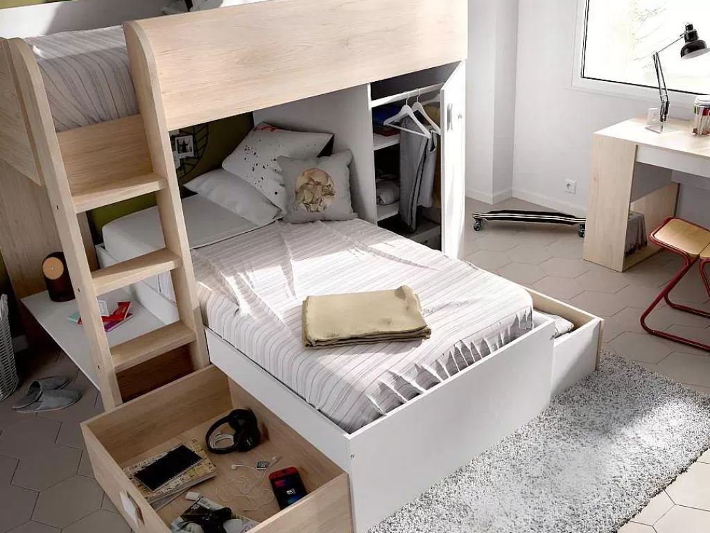 Cama De Criança*Vente-unique Beliche Reversivel De 2 X 90 X 190 Cm Com Espacos De Arrumação Integrados Cor Carvalho E Branco + Colchão - Ricardo