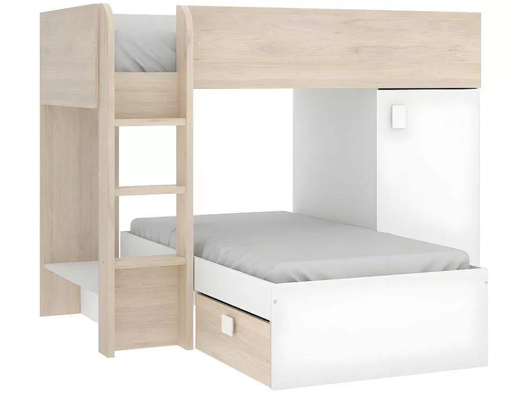 Cama De Criança*Vente-unique Beliche Reversivel De 2 X 90 X 190 Cm Com Espacos De Arrumação Integrados Cor Carvalho E Branco + Colchão - Ricardo