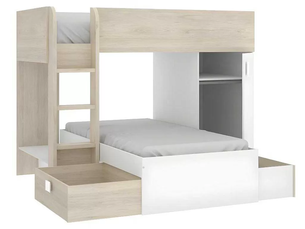 Cama De Criança*Vente-unique Beliche Reversivel De 2 X 90 X 190 Cm Com Espacos De Arrumação Integrados Cor Carvalho E Branco + Colchão - Ricardo