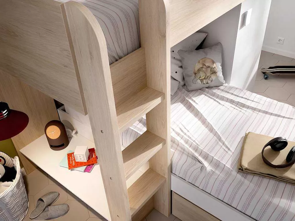 Cama De Criança*Vente-unique Beliche Reversivel De 2 X 90 X 190 Cm Com Espacos De Arrumação Integrados Cor Carvalho E Branco + Colchão - Ricardo