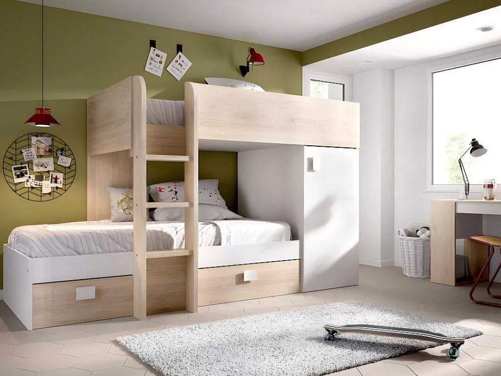 Cama De Criança*Vente-unique Beliche Reversivel De 2 X 90 X 190 Cm Com Espacos De Arrumação Integrados Cor Carvalho E Branco + Colchão - Ricardo
