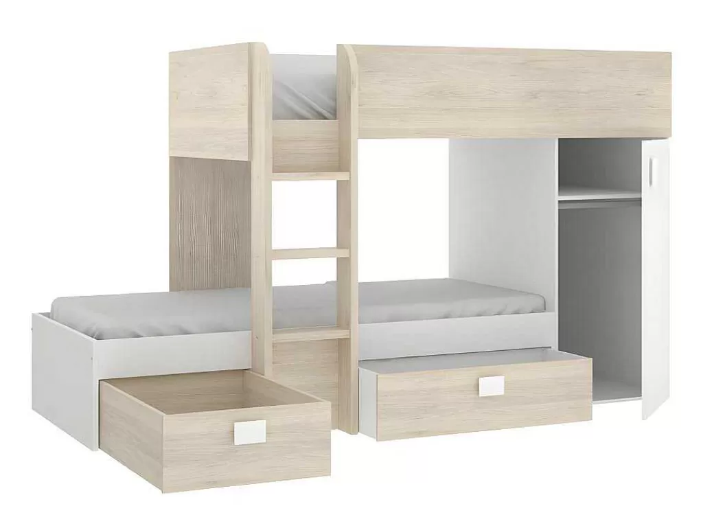 Cama De Criança*Vente-unique Beliche Reversivel De 2 X 90 X 190 Cm Com Espacos De Arrumação Integrados Cor Carvalho E Branco + Colchão - Ricardo