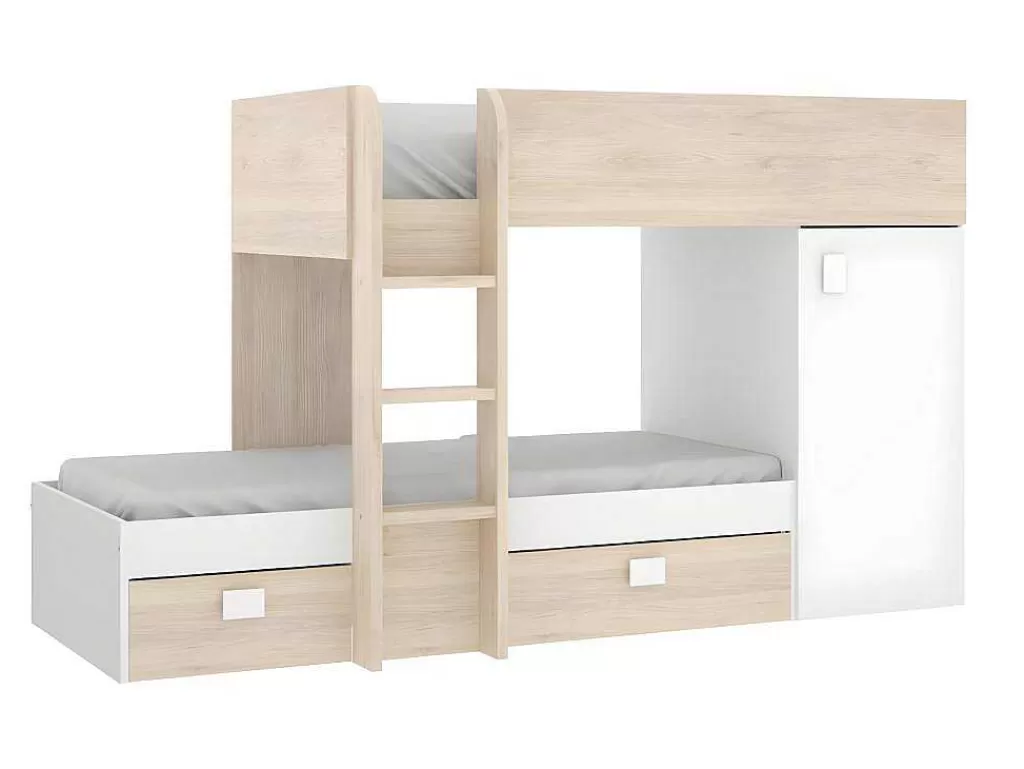 Cama De Criança*Vente-unique Beliche Reversivel De 2 X 90 X 190 Cm Com Espacos De Arrumação Integrados Cor Carvalho E Branco + Colchão - Ricardo