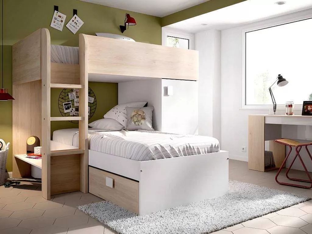 Cama De Criança*Vente-unique Beliche Reversivel De 2 X 90 X 190 Cm Com Espacos De Arrumação Integrados Cor Carvalho E Branco - Ricardo