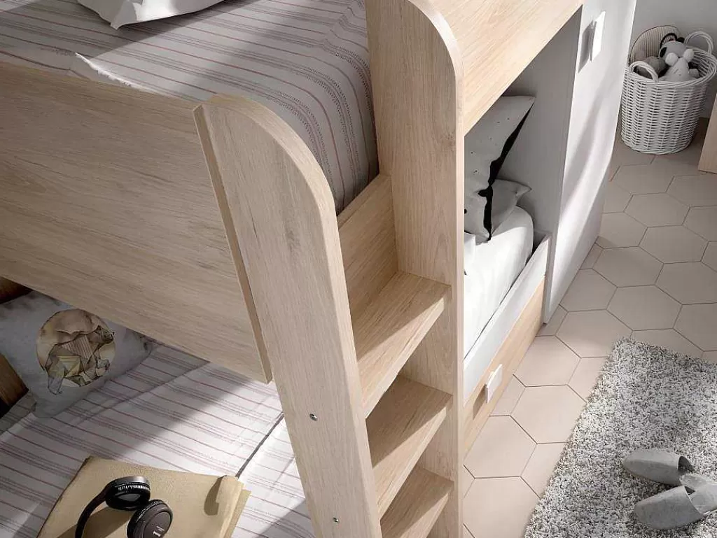 Cama De Criança*Vente-unique Beliche Reversivel De 2 X 90 X 190 Cm Com Espacos De Arrumação Integrados Cor Carvalho E Branco - Ricardo