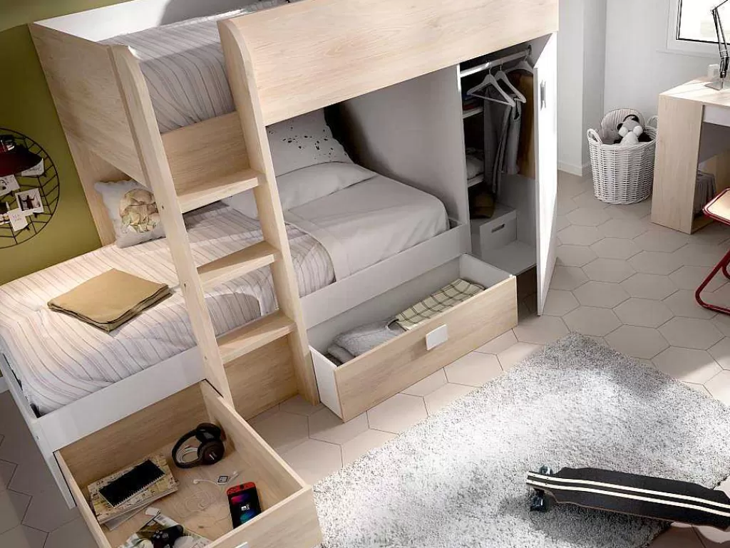 Cama De Criança*Vente-unique Beliche Reversivel De 2 X 90 X 190 Cm Com Espacos De Arrumação Integrados Cor Carvalho E Branco - Ricardo