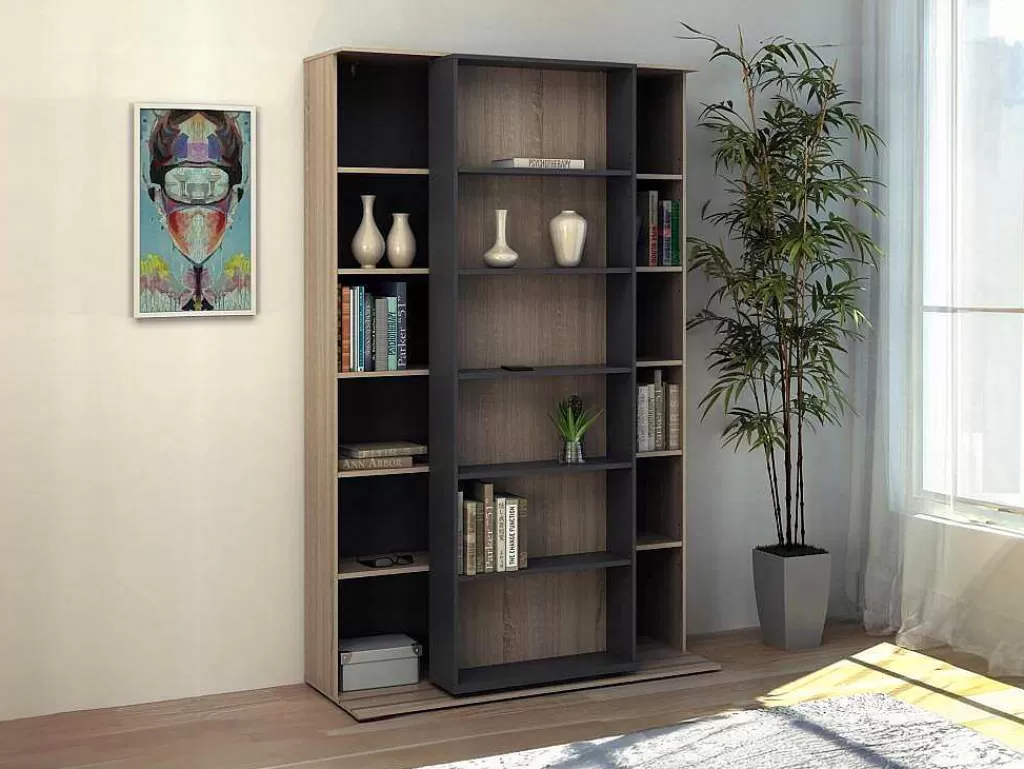 Biblioteca, Vitrina, Estante*Vente-unique Biblioteca De Correr Com 18 Nichos Natural E Antracite - Prali
