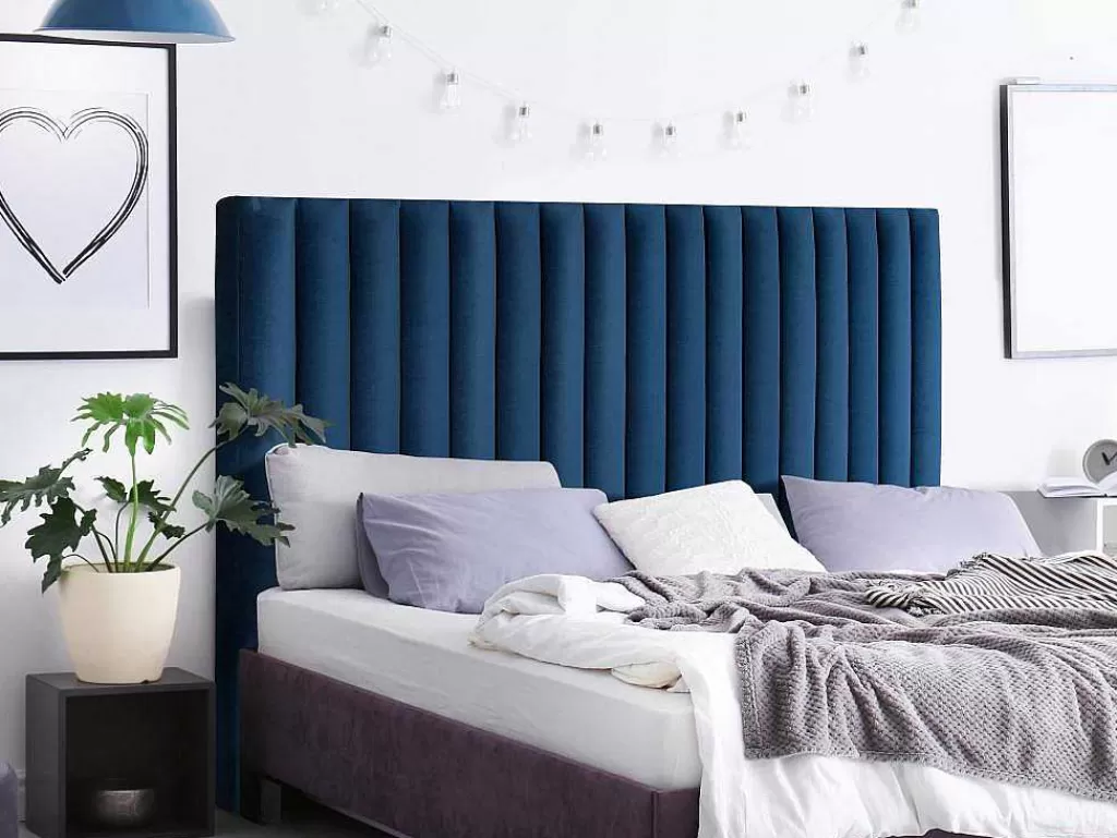 Cabeceira E Ponte De Cama*Vente-unique Cabeceira De Cama Com Costuras Verticais De 160 Cm Em Veludo Cor Azul-Escuro - Sarah