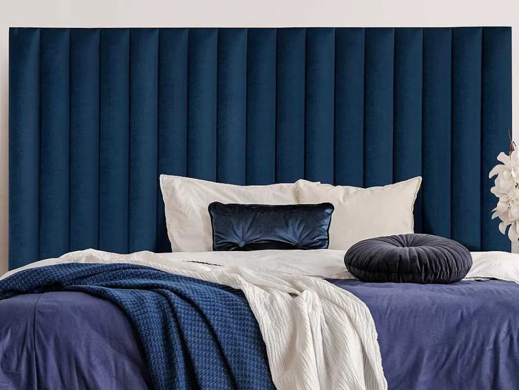 Cabeceira E Ponte De Cama*Vente-unique Cabeceira De Cama Com Costuras Verticais De 160 Cm Em Veludo Cor Azul-Escuro - Sarah