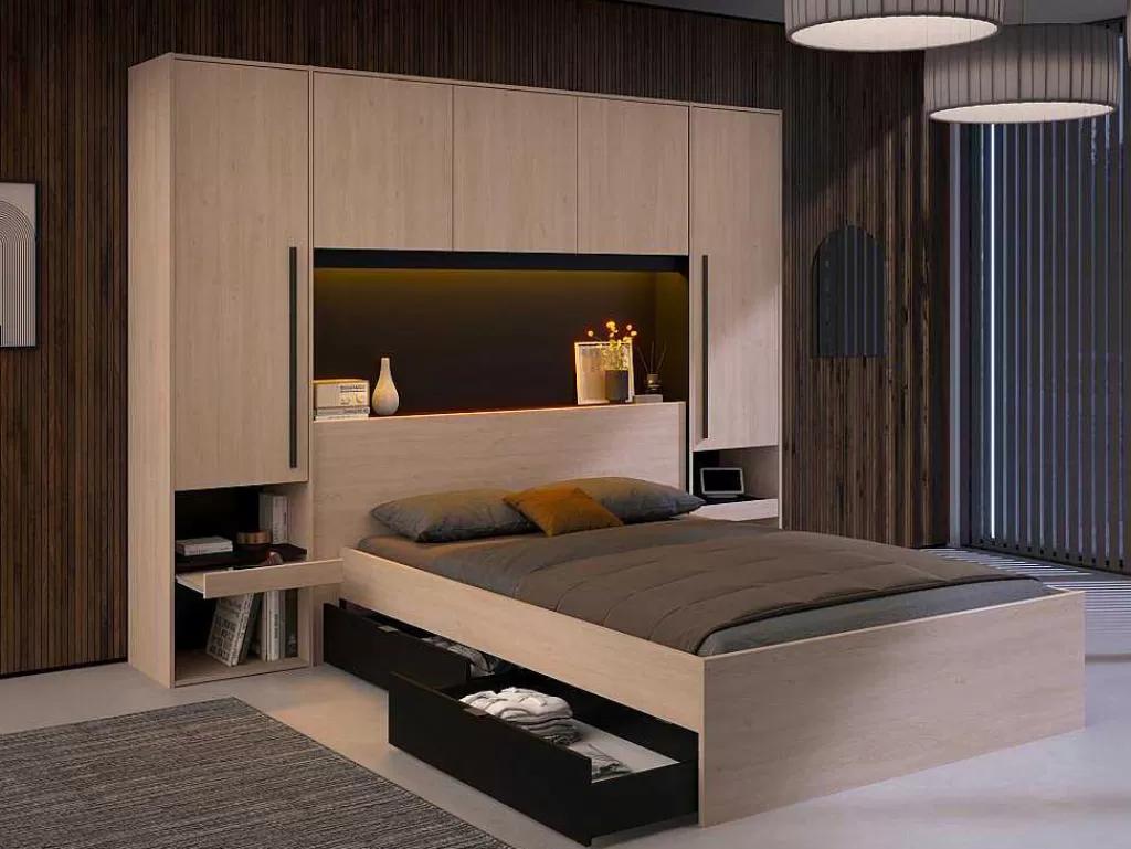 Cabeceira E Ponte De Cama*Vente-unique Cabeceira De Cama Com Guarda-Roupa E Com Leds De C265 Cm Cor Natural E Preto - Velona
