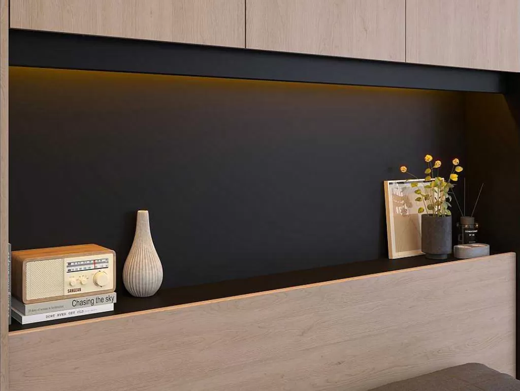 Cabeceira E Ponte De Cama*Vente-unique Cabeceira De Cama Com Guarda-Roupa E Com Leds De C265 Cm Cor Natural E Preto - Velona