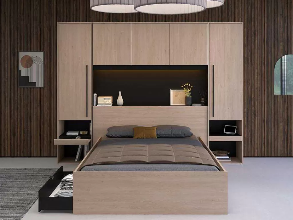 Cabeceira E Ponte De Cama*Vente-unique Cabeceira De Cama Com Guarda-Roupa E Com Leds De C265 Cm Cor Natural E Preto - Velona