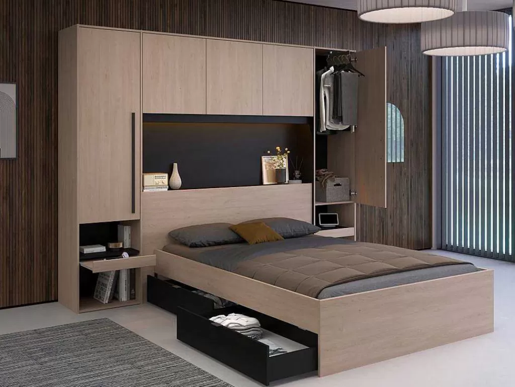 Cabeceira E Ponte De Cama*Vente-unique Cabeceira De Cama Com Guarda-Roupa E Com Leds De C265 Cm Cor Natural E Preto - Velona