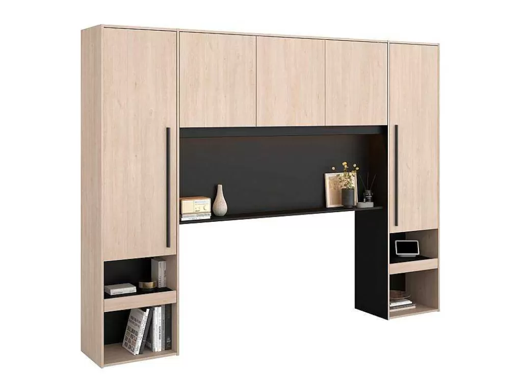 Cabeceira E Ponte De Cama*Vente-unique Cabeceira De Cama Com Guarda-Roupa E Com Leds De C265 Cm Cor Natural E Preto - Velona