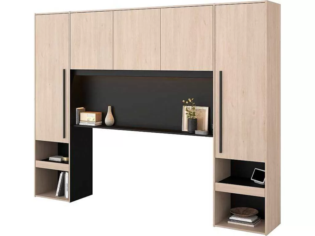 Cabeceira E Ponte De Cama*Vente-unique Cabeceira De Cama Com Guarda-Roupa E Com Leds De C265 Cm Cor Natural E Preto - Velona