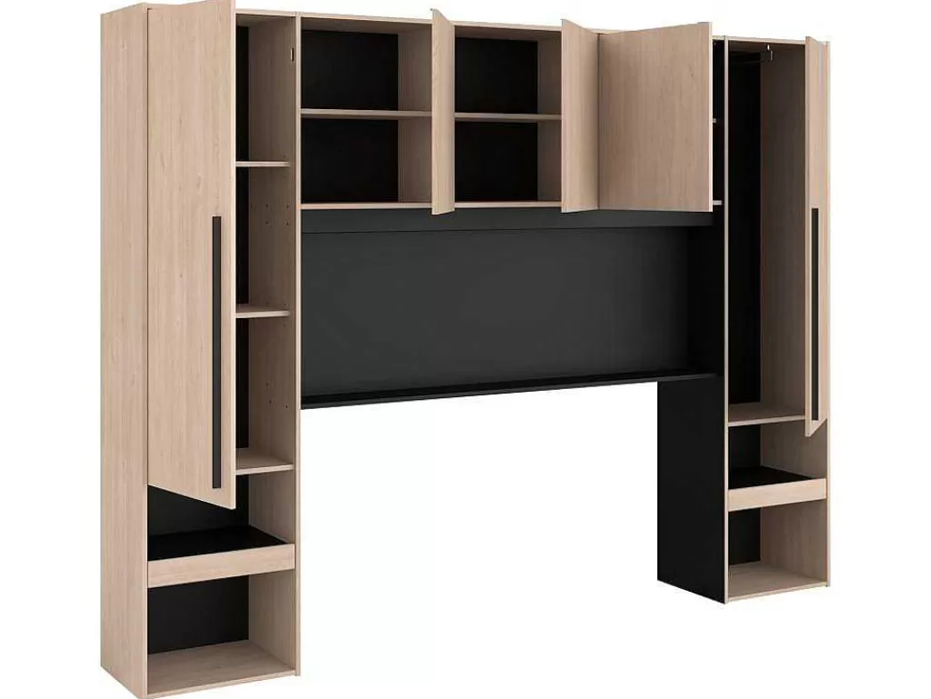 Cabeceira E Ponte De Cama*Vente-unique Cabeceira De Cama Com Guarda-Roupa E Com Leds De C265 Cm Cor Natural E Preto - Velona