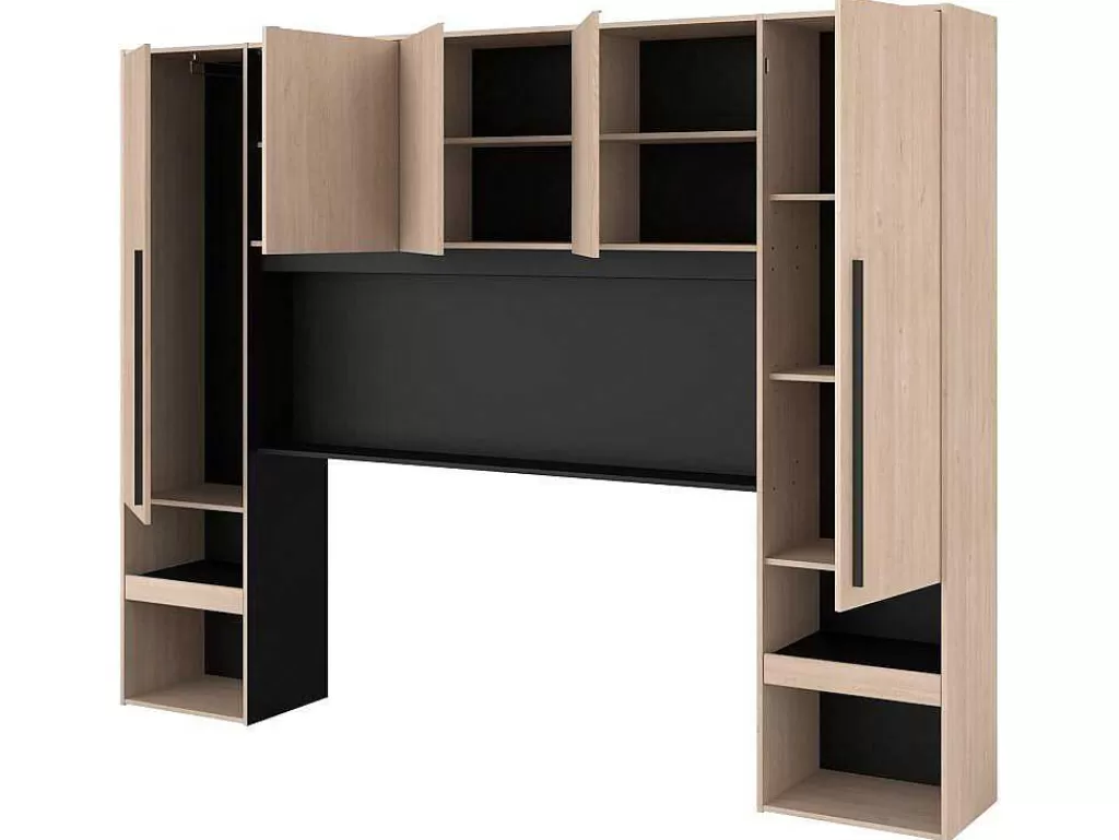 Cabeceira E Ponte De Cama*Vente-unique Cabeceira De Cama Com Guarda-Roupa E Com Leds De C265 Cm Cor Natural E Preto - Velona