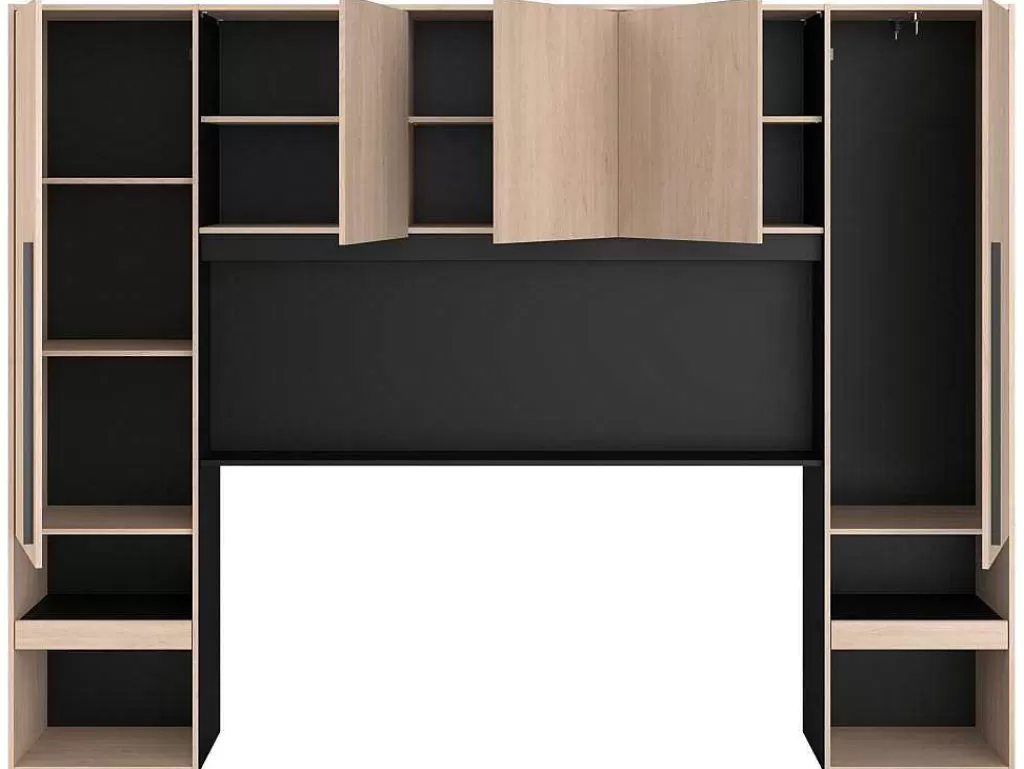Cabeceira E Ponte De Cama*Vente-unique Cabeceira De Cama Com Guarda-Roupa E Com Leds De C265 Cm Cor Natural E Preto - Velona
