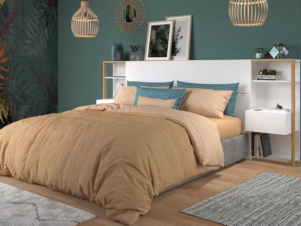 Cabeceira E Ponte De Cama*Vente-unique Cabeceira De Cama Com Mesas De Cabeceira De 160 Cm Cor Branco E Carvalho - Mista