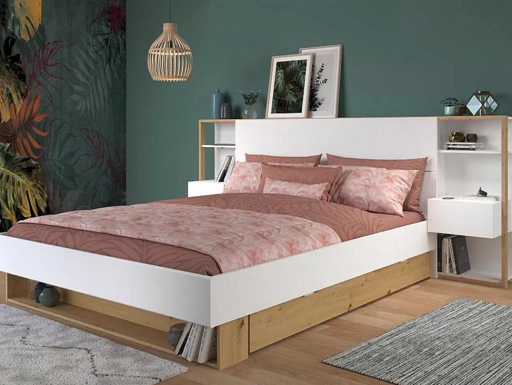 Cabeceira E Ponte De Cama*Vente-unique Cabeceira De Cama Com Mesas De Cabeceira De 160 Cm Cor Branco E Carvalho - Mista