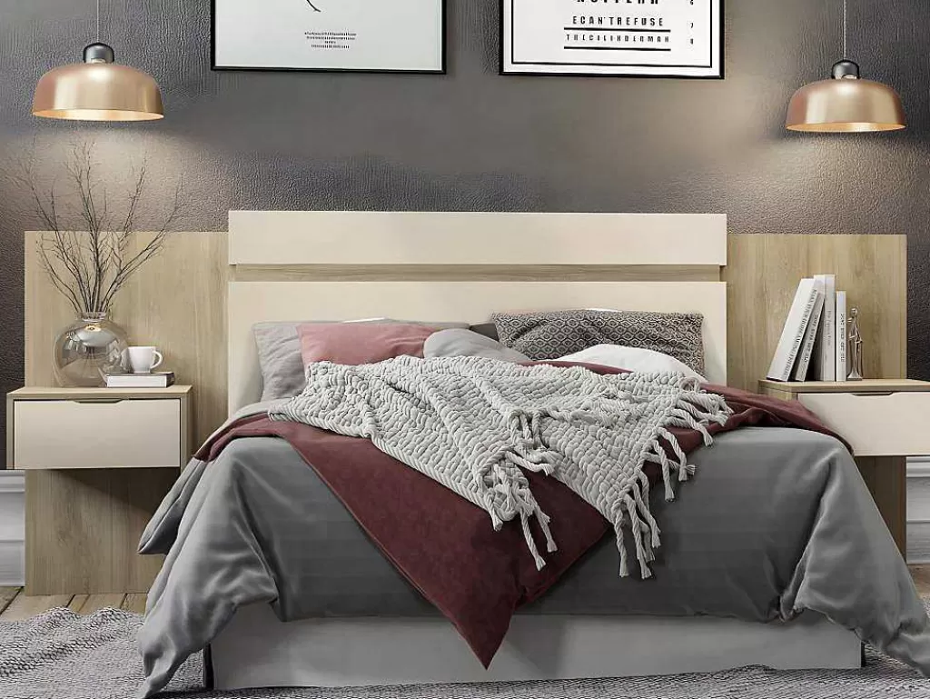 Cabeceira E Ponte De Cama*Vente-unique Cabeceira De Cama Extensivel Com Mesas De Cabeceira 140/160 Cm Cor Natural E Marfim - Parati