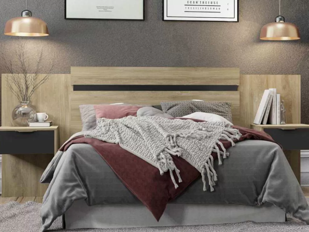 Cabeceira E Ponte De Cama*Vente-unique Cabeceira De Cama Extensivel Com Mesas De Cabeceira 140/160 Cm Cor Natural E Preto - Parati