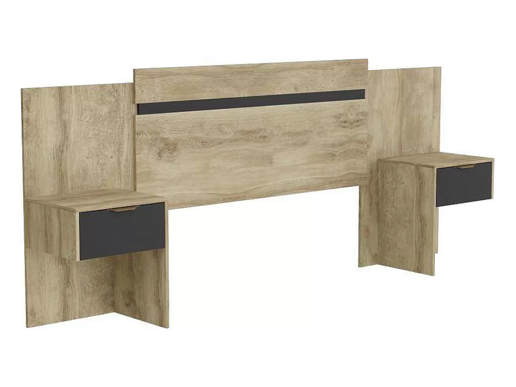 Cabeceira E Ponte De Cama*Vente-unique Cabeceira De Cama Extensivel Com Mesas De Cabeceira 140/160 Cm Cor Natural E Preto - Parati