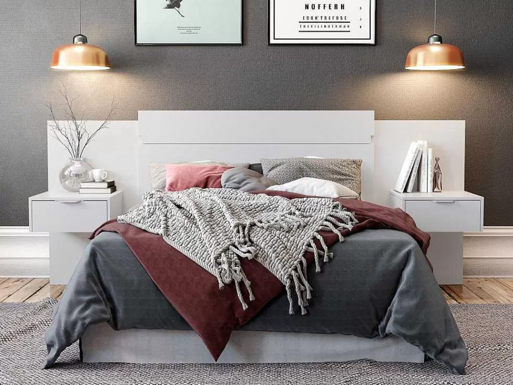 Cabeceira E Ponte De Cama*Vente-unique Cabeceira De Cama Extensivel Com Mesas De Cabeceira De 140/160 Cm Cor Branco - Parati