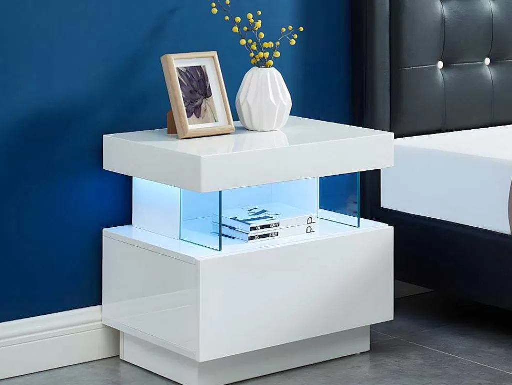 Mesa De Cabeceira*Vente-unique Cabeceira Fabio - Mdf Lacado Branco - Leds - 1 Gaveta E 1 Nicho