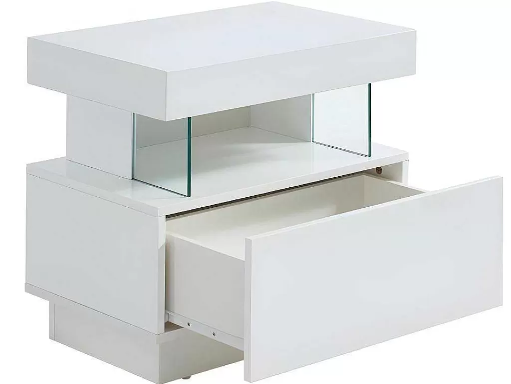 Mesa De Cabeceira*Vente-unique Cabeceira Fabio - Mdf Lacado Branco - Leds - 1 Gaveta E 1 Nicho