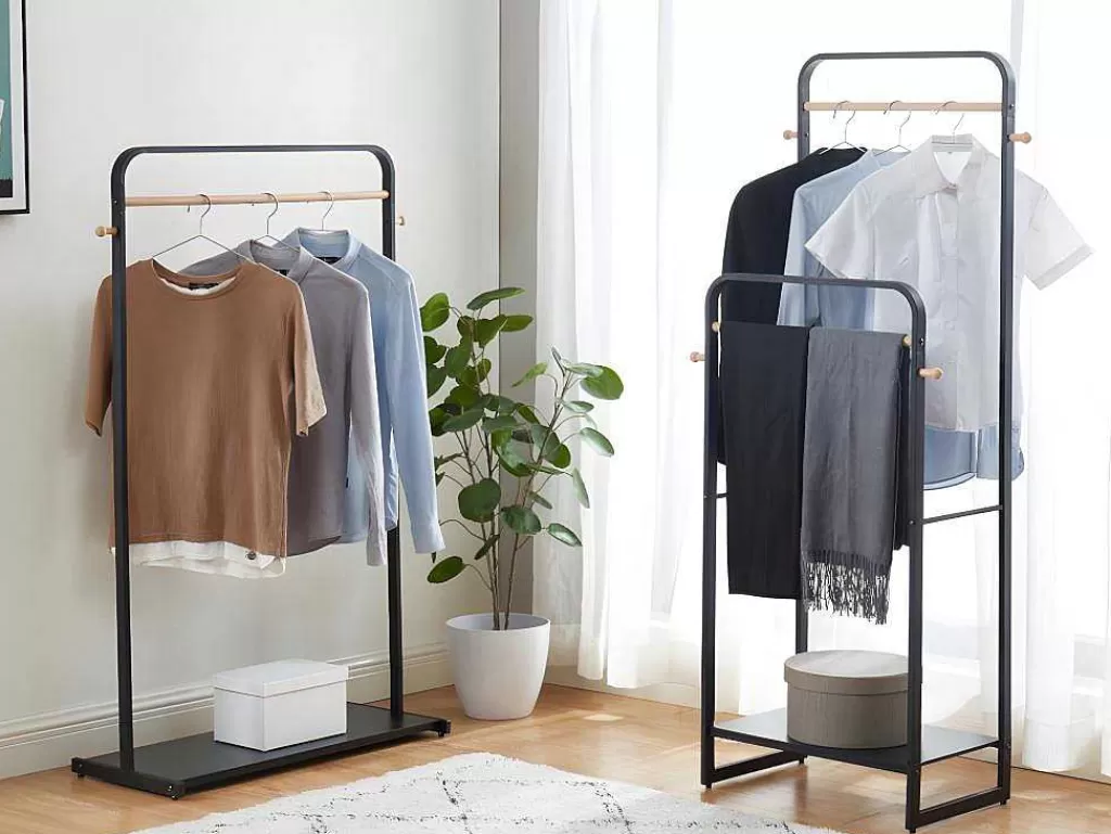 Arrumação E Acessórios De Quarto*Vente-unique Cabide De Roupa De C90 Cm Em Metal Preto E Madeira De Faia - Selin