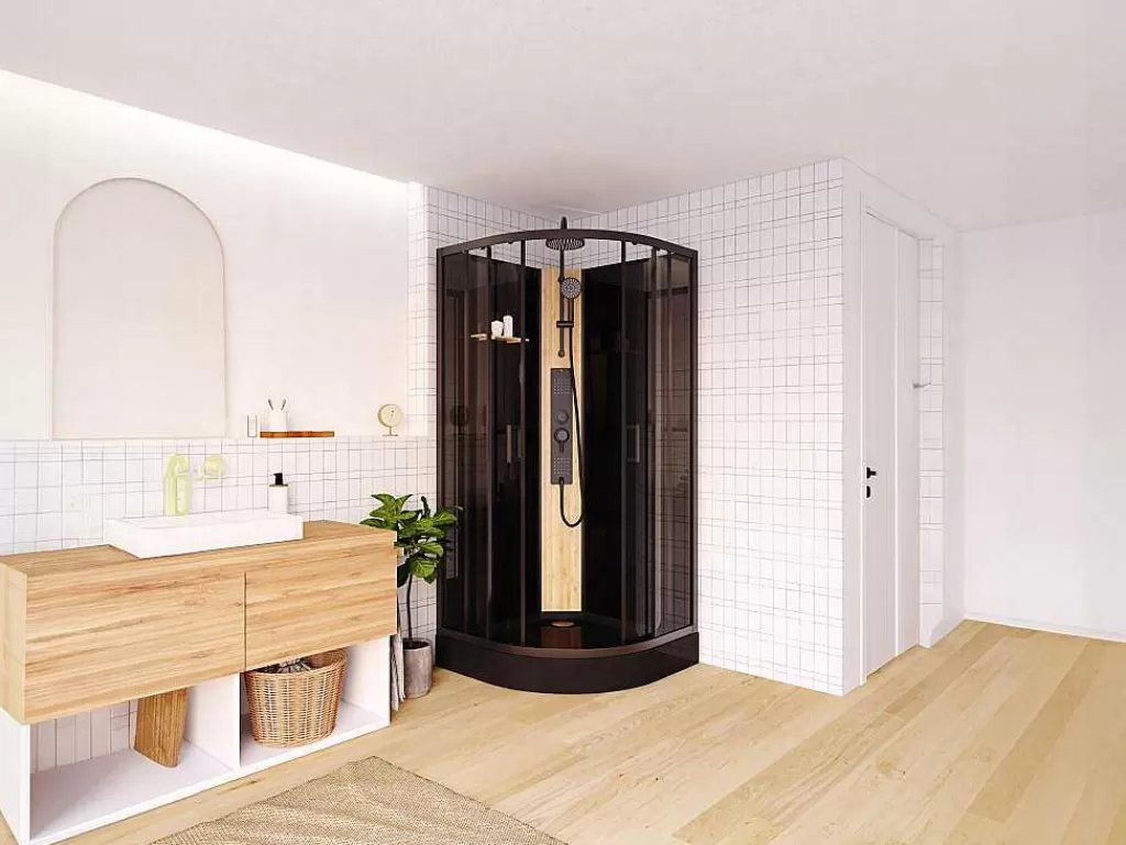 Cabine De Duche*Shower & Design Cabine De Duche De Hidromassagem Em Quarto De Circulo Com Painel De Bambu Preto C90 X L90 X A225 Cm - Tiloma